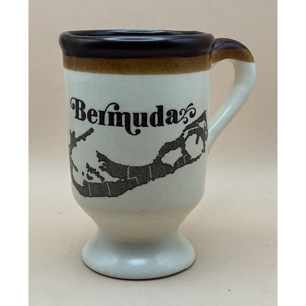 Vtg Bermuda Souvenir Coffee‎ Mug Footed Pedestal Brown Drip Rim Unmarked Crazing
